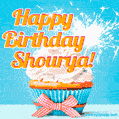A cheerful animated GIF of a cupcake with creamy frosting, a red checkered ribbon, and a bright sparkler on top. The text 'Happy Birthday Shourya!' is displayed in vibrant orange and red.