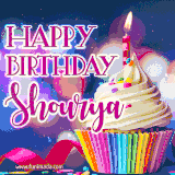 A festive animated GIF featuring a colorful cupcake with a single lit candle, sprinkles, and 'Happy Birthday Shourya' text against a sparkling, celebratory background.