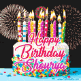 Amazing Animated GIF Image for Shourya with Birthday Cake and Fireworks