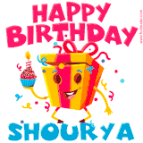 A funny animated birthday GIF with the words 'Happy Birthday Shouryaa', colorful gift box with arms and legs, holding a cupcake with a lit candle  with confetti everywhere.