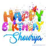 Animated GIF with colorful, festive 'Happy Birthday Shourya' text decorated with patterns, a party hat, and falling confetti. A vibrant and cheerful design for birthday celebrations.