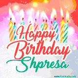 Bright birthday candles with rainbow flames on a cake, alongside the text 'Happy Birthday Shpresa' in vibrant script in this celebratory animated GIF.