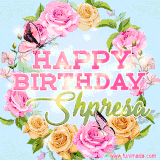 A charming animated GIF featuring 'Happy Birthday Shpresa' in pink and green text, surrounded by delicate roses, leaves, and fluttering butterflies on a soft light blue pastel background.