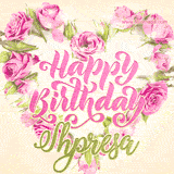 A stunning heart made of pink roses surrounds the elegant script text 'Happy Birthday Shpresa' on a soft beige background. Animated sparkles add a magical and festive feel.