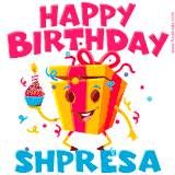 A vibrant and funny gift box character with a happy face dancing with a cupcake and the text 'Happy Birthday Shpresa,' surrounded by animated confetti and party vibes.