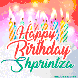 Bright birthday candles with rainbow flames on a cake, alongside the text 'Happy Birthday Shprintza' in vibrant script in this celebratory animated GIF.