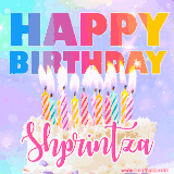 A vibrant animated name GIF with the words 'Happy Birthday Shprintza' with colorful candles on a creamy cake. The background sparkles with pastel shades, adding a festive touch.