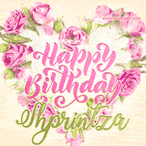A stunning heart made of pink roses surrounds the elegant script text 'Happy Birthday Shprintza' on a soft beige background. Animated sparkles add a magical and festive feel.