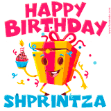 A vibrant and funny gift box character with a happy face dancing with a cupcake and the text 'Happy Birthday Shprintza,' surrounded by animated confetti and party vibes.