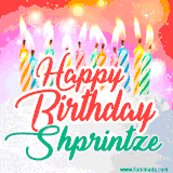 Bright birthday candles with rainbow flames on a cake, alongside the text 'Happy Birthday Shprintze' in vibrant script in this celebratory animated GIF.