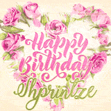 A stunning heart made of pink roses surrounds the elegant script text 'Happy Birthday Shprintze' on a soft beige background. Animated sparkles add a magical and festive feel.