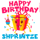 A vibrant and funny gift box character with a happy face dancing with a cupcake and the text 'Happy Birthday Shprintze,' surrounded by animated confetti and party vibes.