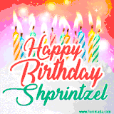 Bright birthday candles with rainbow flames on a cake, alongside the text 'Happy Birthday Shprintzel' in vibrant script in this celebratory animated GIF.