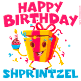 A vibrant and funny gift box character with a happy face dancing with a cupcake and the text 'Happy Birthday Shprintzel,' surrounded by animated confetti and party vibes.
