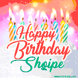 Bright birthday candles with rainbow flames on a cake, alongside the text 'Happy Birthday Shqipe' in vibrant script in this celebratory animated GIF.