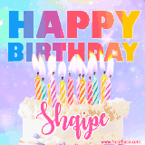 A vibrant animated name GIF with the words 'Happy Birthday Shqipe' with colorful candles on a creamy cake. The background sparkles with pastel shades, adding a festive touch.