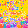 A bright and festive GIF with the text 'Feliz Cumpleaños Shraddha' in Spanish in colorful fonts, surrounded by confetti, balloons, and festive banners on a vibrant yellow background.