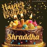A delightful chocolate birthday cake with bright candles and 'Happy Birthday Shraddha' written in gold amidst a shower of animated stars.