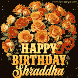 Animated bouquet of orange roses with moving butterfles and golden 'Happy Birthday Shraddha' text, surrounded by sparkling accents and a dark backdrop for a luxurious feel.