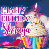 A festive animated GIF featuring a colorful cupcake with a single lit candle, sprinkles, and 'Happy Birthday Shraga' text against a sparkling, celebratory background.