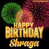 A captivating GIF with bursts of green, pink, and orange fireworks lighting up the night sky, accompanied by 'Happy Birthday Shraga' in glowing golden text.