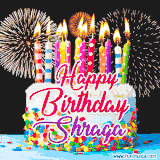 A lively happy birthday animated GIF showcasing a colorful birthday cake covered in sprinkles, topped with glowing candles, and surrounded by vibrant fireworks. The name 'Shraga' is featured in elegant script.