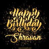 Animated GIF with colorful, festive 'Happy Birthday Shravan' text decorated with patterns, a party hat, and falling confetti. A vibrant and cheerful design for birthday celebrations.
