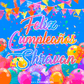 A vibrant animated GIF with 'Feliz Cumpleaños Shravan' written in colorful script, surrounded by balloons, confetti, and bunting on a bright blue background.