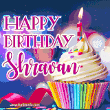 A festive animated GIF featuring a colorful cupcake with a single lit candle, sprinkles, and 'Happy Birthday Shravan' text against a sparkling, celebratory background.