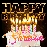 A vibrant animated GIF featuring a delicious birthday cake topped with glowing candles and the name 'Shravan' in elegant script, and the words 'Happy Birthday' on the black background.