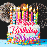 A lively happy birthday animated GIF showcasing a colorful birthday cake covered in sprinkles, topped with glowing candles, and surrounded by vibrant fireworks. The name 'Shravan' is featured in elegant script.