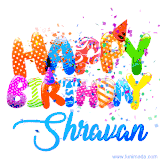 Animated GIF with colorful, festive 'Happy Birthday Shravan' text decorated with patterns, a party hat, and falling confetti. A vibrant and cheerful design for birthday celebrations.
