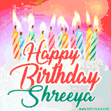 Bright birthday candles with rainbow flames on a cake, alongside the text 'Happy Birthday Shreeya' in vibrant script in this celebratory animated GIF.