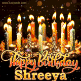 A glowing personalized birthday GIF with name Shreeya featuring lit candles with intricate designs, warm lighting, and the text 'Happy Birthday' in an elegant font.