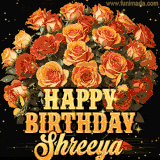 Animated bouquet of orange roses with moving butterfles and golden 'Happy Birthday Shreeya' text, surrounded by sparkling accents and a dark backdrop for a luxurious feel.
