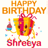 A vibrant and funny gift box character with a happy face dancing with a cupcake and the text 'Happy Birthday Shreeya,' surrounded by animated confetti and party vibes.