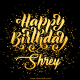 Animated GIF with colorful, festive 'Happy Birthday Shrey' text decorated with patterns, a party hat, and falling confetti. A vibrant and cheerful design for birthday celebrations.
