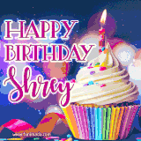 A festive animated GIF featuring a colorful cupcake with a single lit candle, sprinkles, and 'Happy Birthday Shrey' text against a sparkling, celebratory background.