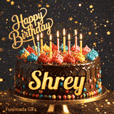 A personalized greeting card for Shrey featuring a chocolate cake with colorful toppings on a sparkly starry background.