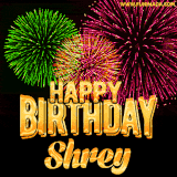 A captivating GIF with bursts of green, pink, and orange fireworks lighting up the night sky, accompanied by 'Happy Birthday Shrey' in glowing golden text.