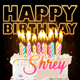 A vibrant animated GIF featuring a delicious birthday cake topped with glowing candles and the name 'Shrey' in elegant script, and the words 'Happy Birthday' on the black background.