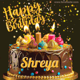 A delightful chocolate birthday cake with bright candles and 'Happy Birthday Shreya' written in gold amidst a shower of animated stars.