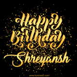 Animated GIF with colorful, festive 'Happy Birthday Shreyansh' text decorated with patterns, a party hat, and falling confetti. A vibrant and cheerful design for birthday celebrations.