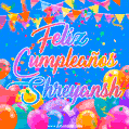 A vibrant animated GIF with 'Feliz Cumpleaños Shreyansh' written in colorful script, surrounded by balloons, confetti, and bunting on a bright blue background.
