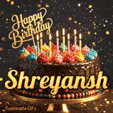 Cute chocolate cake animation with Shreyansh's name, decorated with glowing birthday candles and multicolored icing.