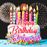 A lively happy birthday animated GIF showcasing a colorful birthday cake covered in sprinkles, topped with glowing candles, and surrounded by vibrant fireworks. The name 'Shreyansh' is featured in elegant script.