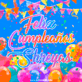 A vibrant animated GIF with 'Feliz Cumpleaños Shreyas' written in colorful script, surrounded by balloons, confetti, and bunting on a bright blue background.
