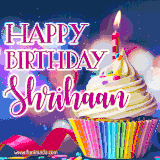 A festive animated GIF featuring a colorful cupcake with a single lit candle, sprinkles, and 'Happy Birthday Shrihaan' text against a sparkling, celebratory background.