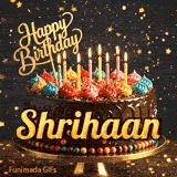 Festive chocolate cake GIF with the name Shrihaan written on the dark glaze under flickering candles.