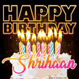 A vibrant animated GIF featuring a delicious birthday cake topped with glowing candles and the name 'Shrihaan' in elegant script, and the words 'Happy Birthday' on the black background.
